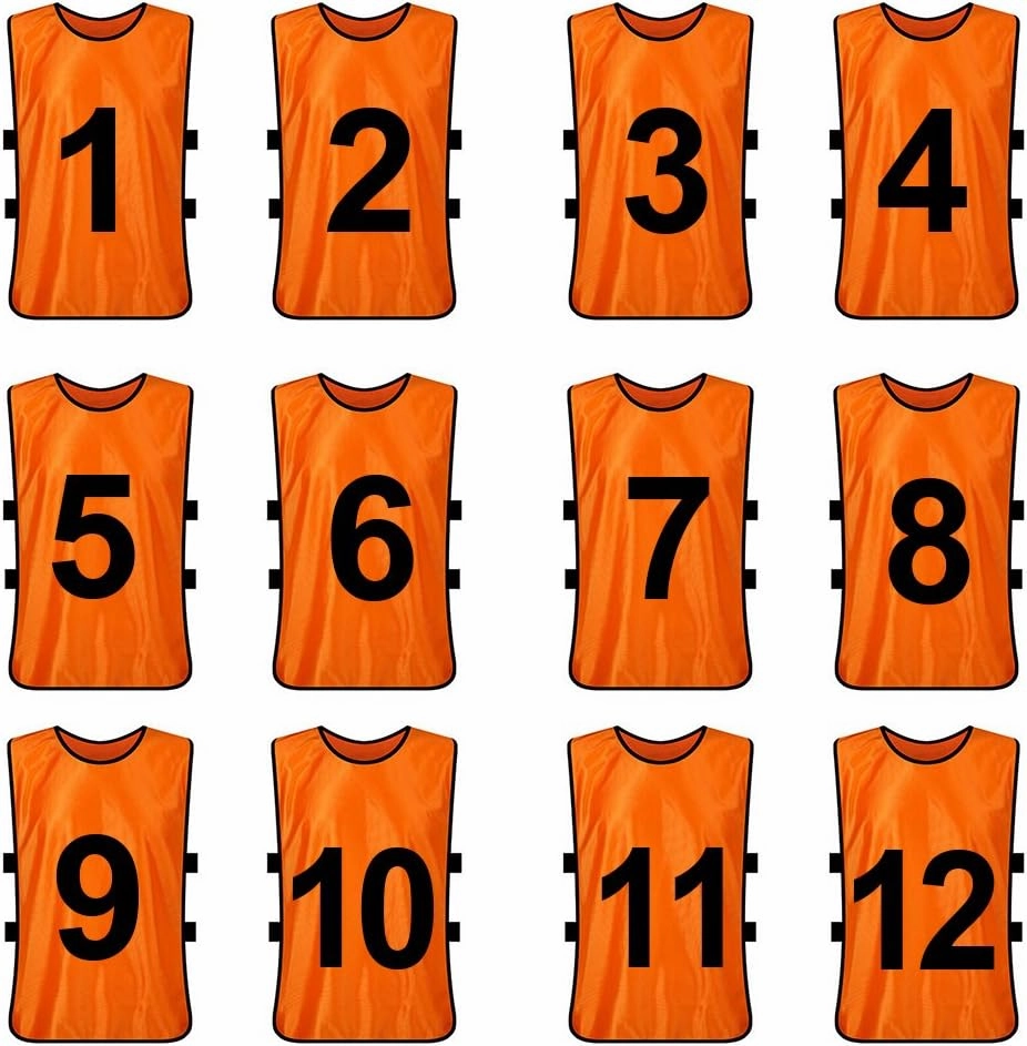 TopTie 12 Pcs Numbered Training Vest Scrimmage Practice Vest Pinnies Sets of 12 (#1-12), Soccer Pinnies