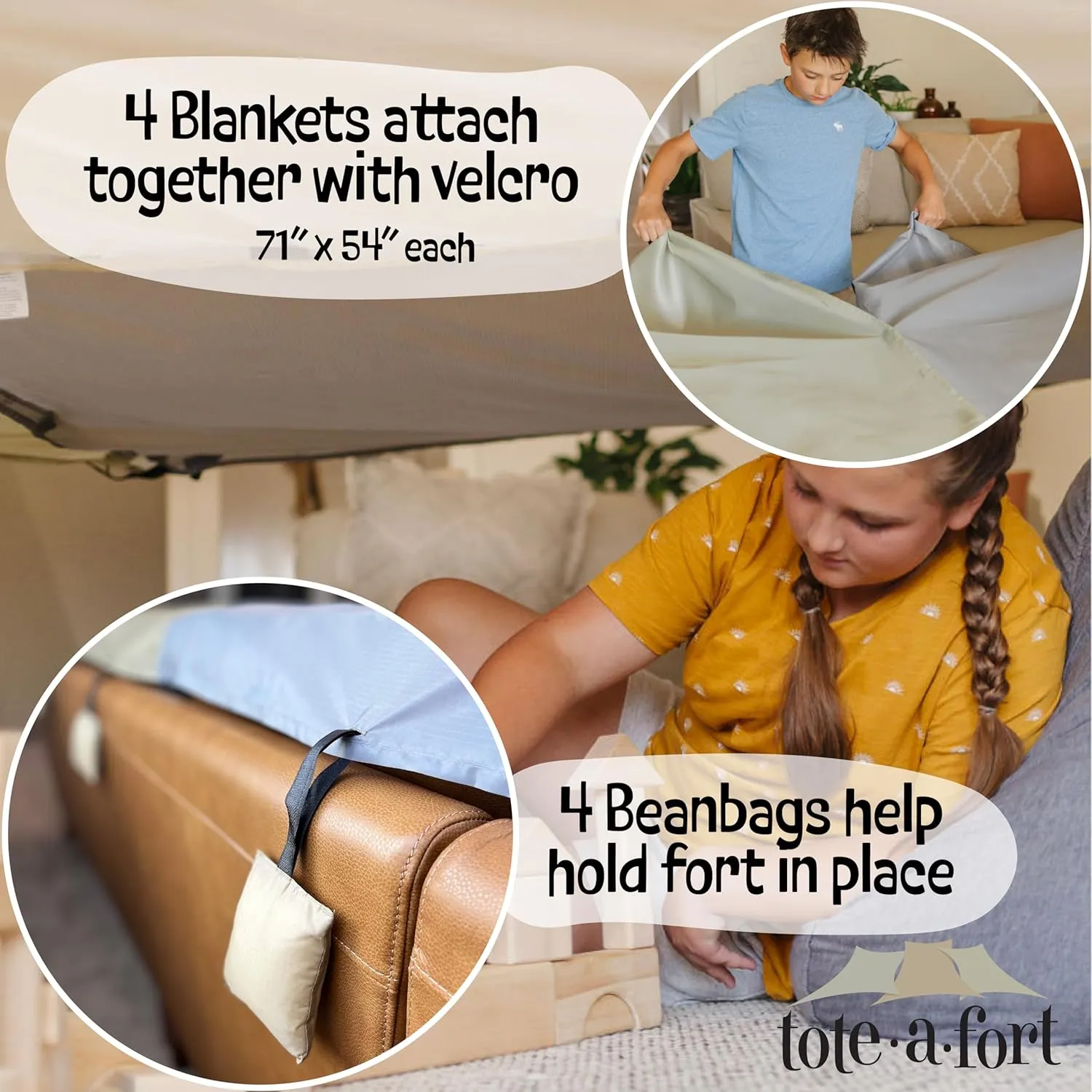 Tote a Fort Earthy XL Blanket Fort Building Kit for Kids, 4 Blanket TOTEAFORT Toy, Make a Portable Playhouse, Play Tent Boy and Girl Indoor Outdoor Build Set, STEM Children Toy, Ages 4, 8, 12  