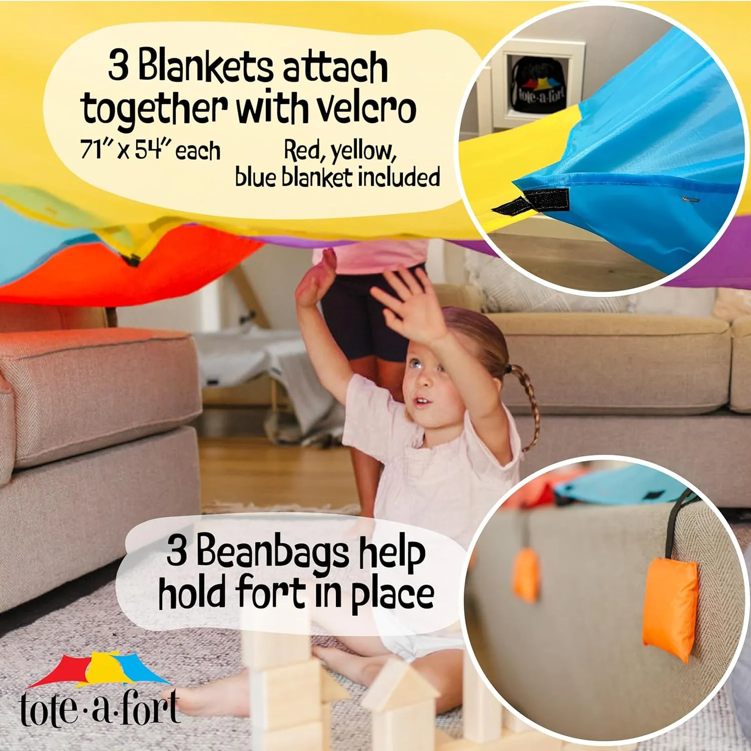 Tote a Fort Original Blanket Fort Building Kit for Kids, 3 Blanket TOTEAFORT Toy, Make a Portable Playhouse, Play Tent Boy and Girl Indoor Outdoor Build Set, STEM Children Toy, Ages 4, 8, 12  