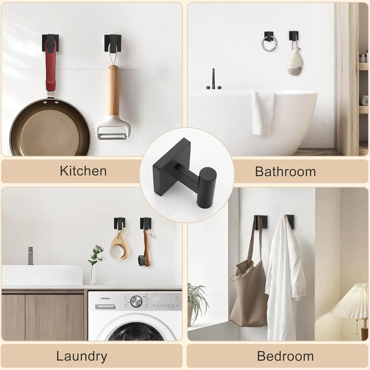Towel Ring Set 4 Piece Bathroom Hardware Set Includes Towel Ring 2 Towel Hooks and Toilet Paper Holder Stainless Steel Wall Mounted (Matte Black)