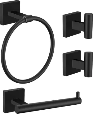 Towel Ring Set 4 Piece Bathroom Hardware Set Includes Towel Ring 2 Towel Hooks and Toilet Paper Holder Stainless Steel Wall Mounted (Matte Black)
