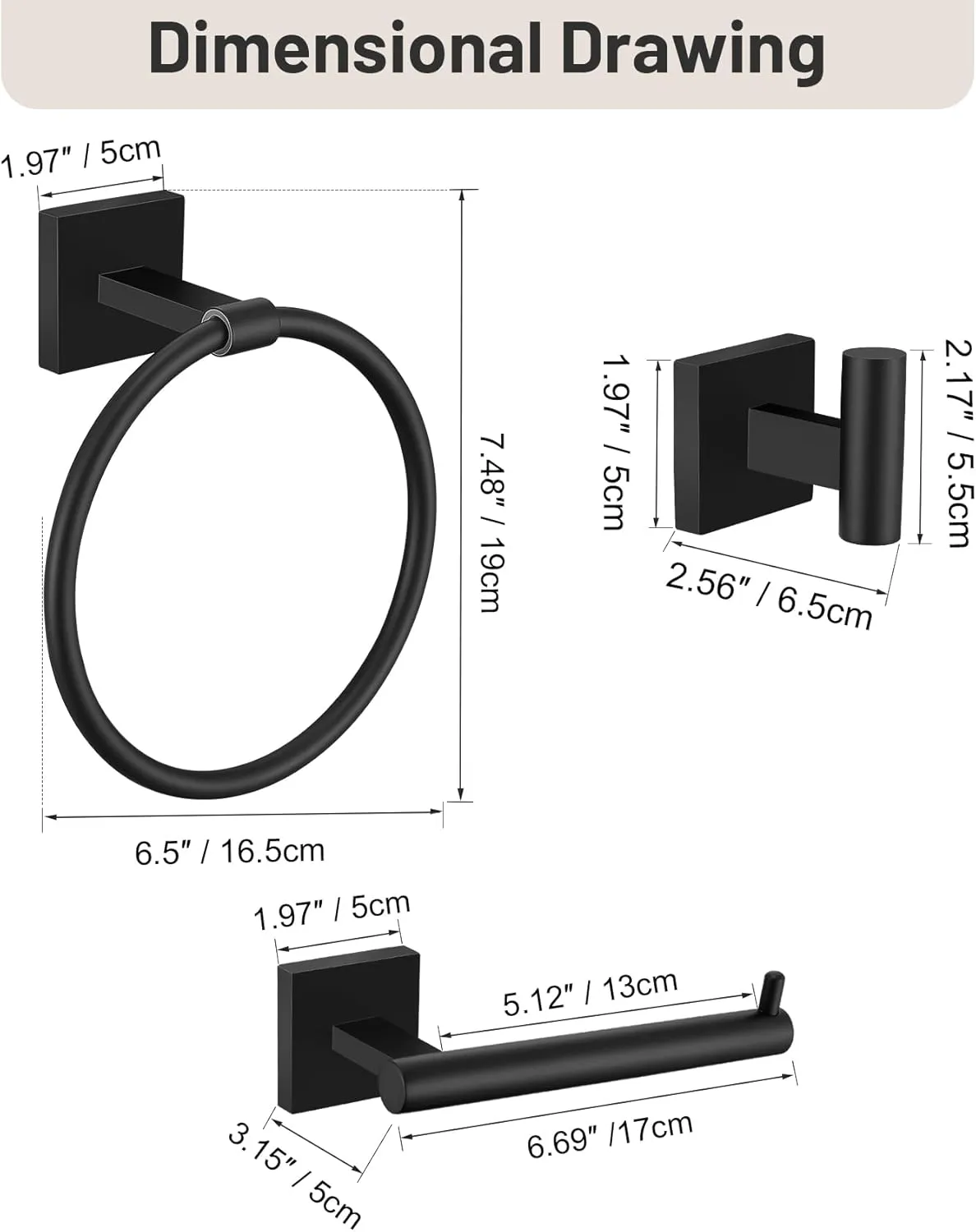 Towel Ring Set 4 Piece Bathroom Hardware Set Includes Towel Ring 2 Towel Hooks and Toilet Paper Holder Stainless Steel Wall Mounted (Matte Black)