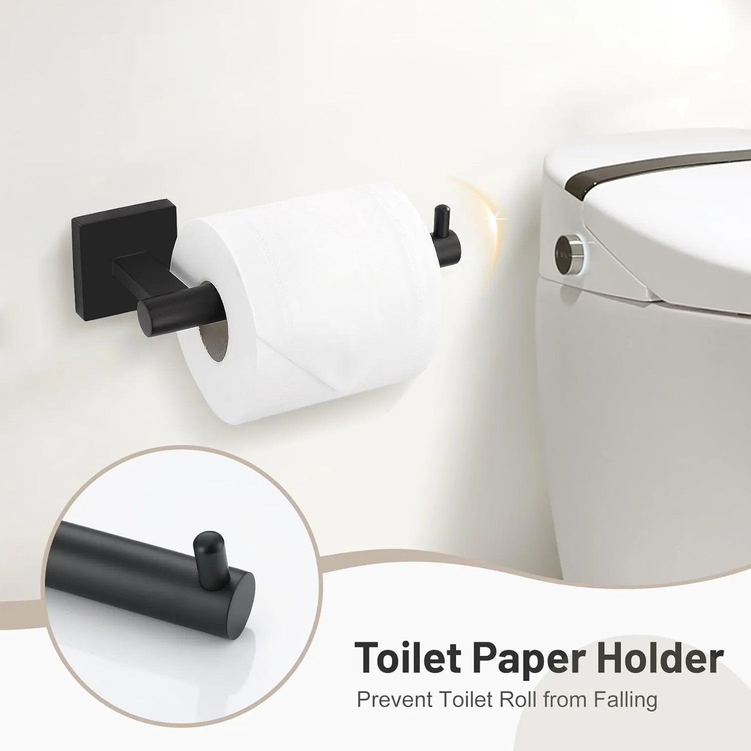 Towel Ring Set 4 Piece Bathroom Hardware Set Includes Towel Ring 2 Towel Hooks and Toilet Paper Holder Stainless Steel Wall Mounted (Matte Black)