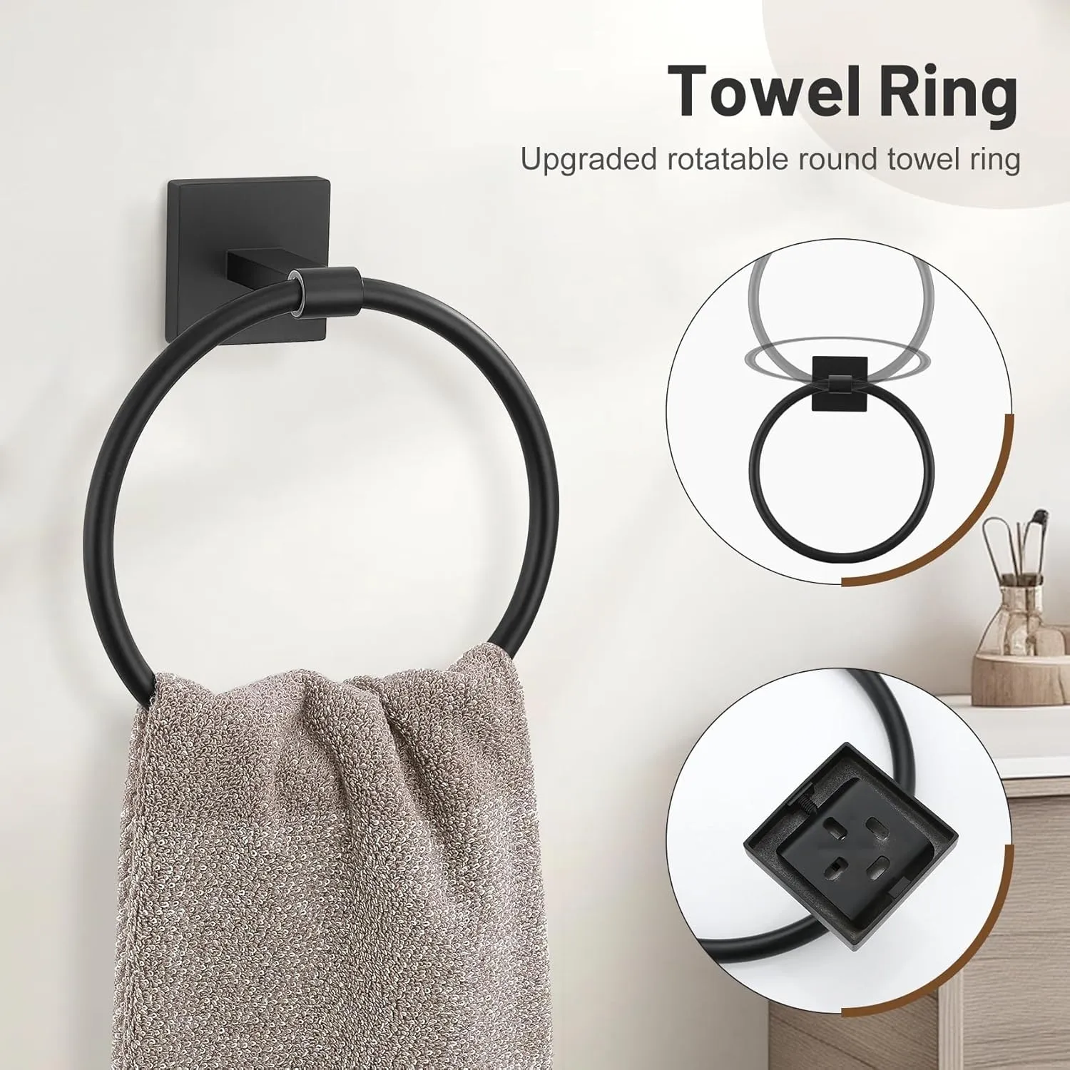 Towel Ring Set 4 Piece Bathroom Hardware Set Includes Towel Ring 2 Towel Hooks and Toilet Paper Holder Stainless Steel Wall Mounted (Matte Black)