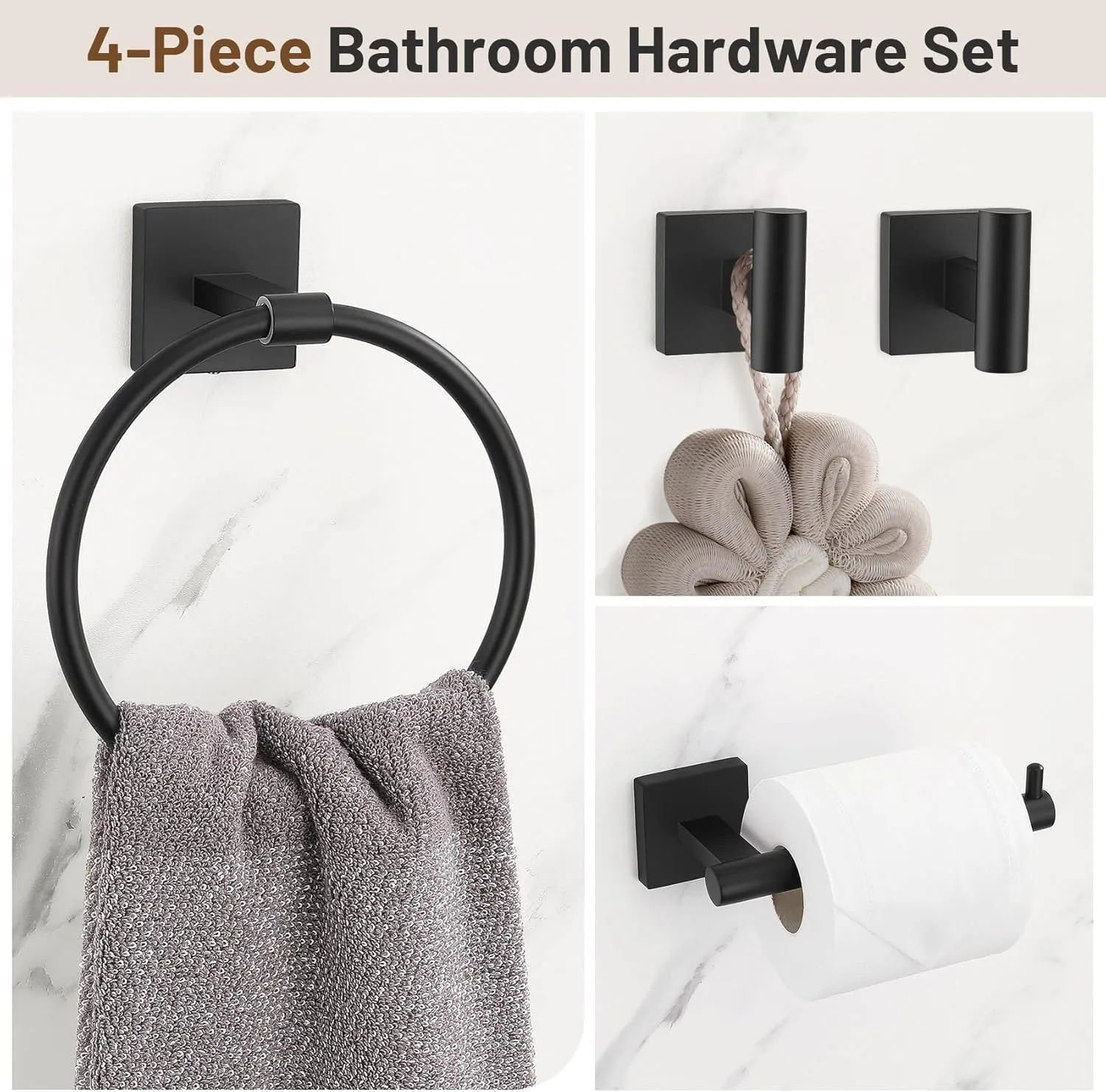 Towel Ring Set 4 Piece Bathroom Hardware Set Includes Towel Ring 2 Towel Hooks and Toilet Paper Holder Stainless Steel Wall Mounted (Matte Black)