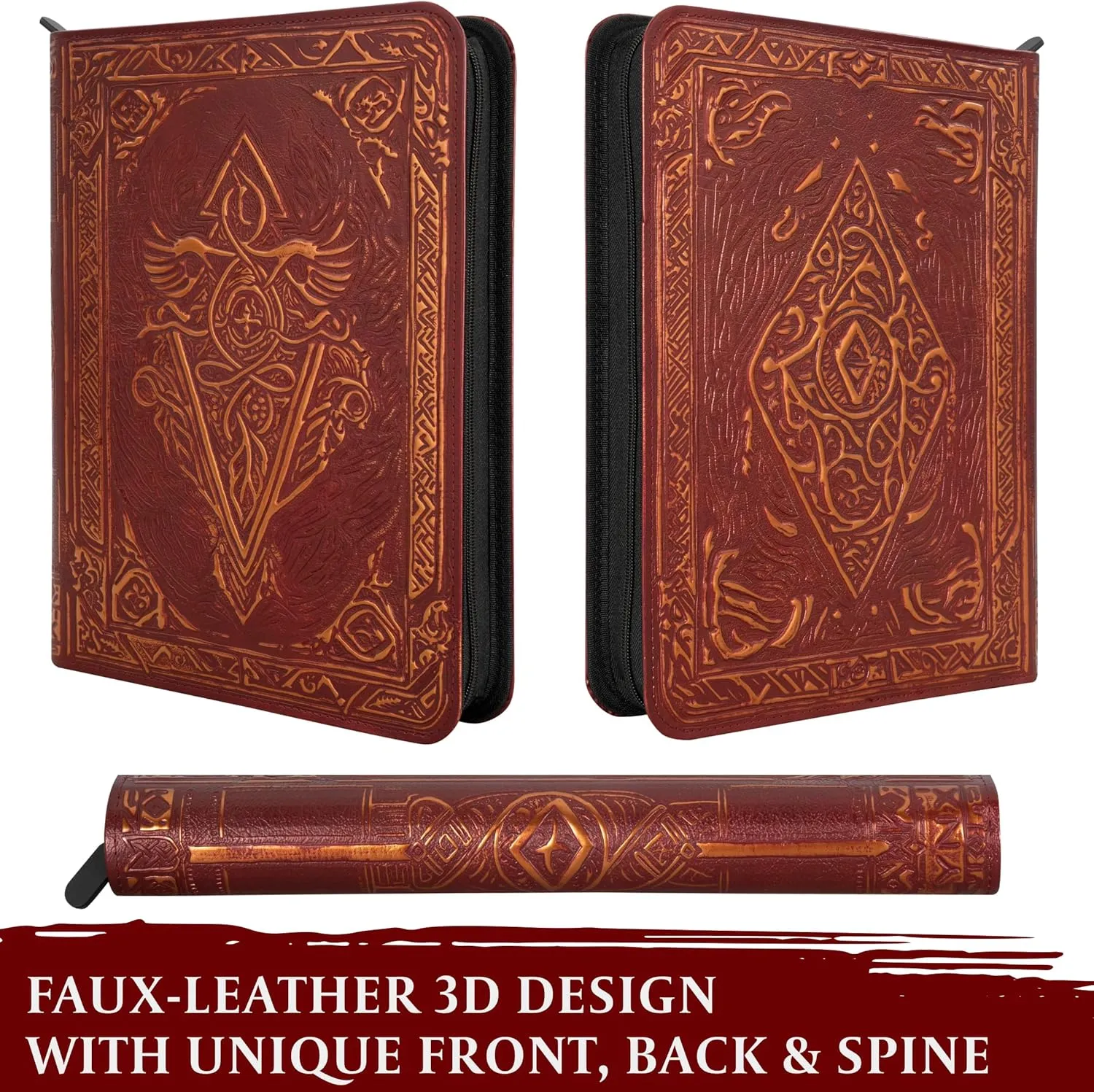 Trading Card Binder - 9 Pocket Album w Zipper - 360 Side Loading Folder for TCG - 3D PU Leather - For MTG, Disney Lorcana Trading Card Game, Magic The Gathering, Pokemon - Book Accessories Gift - Red