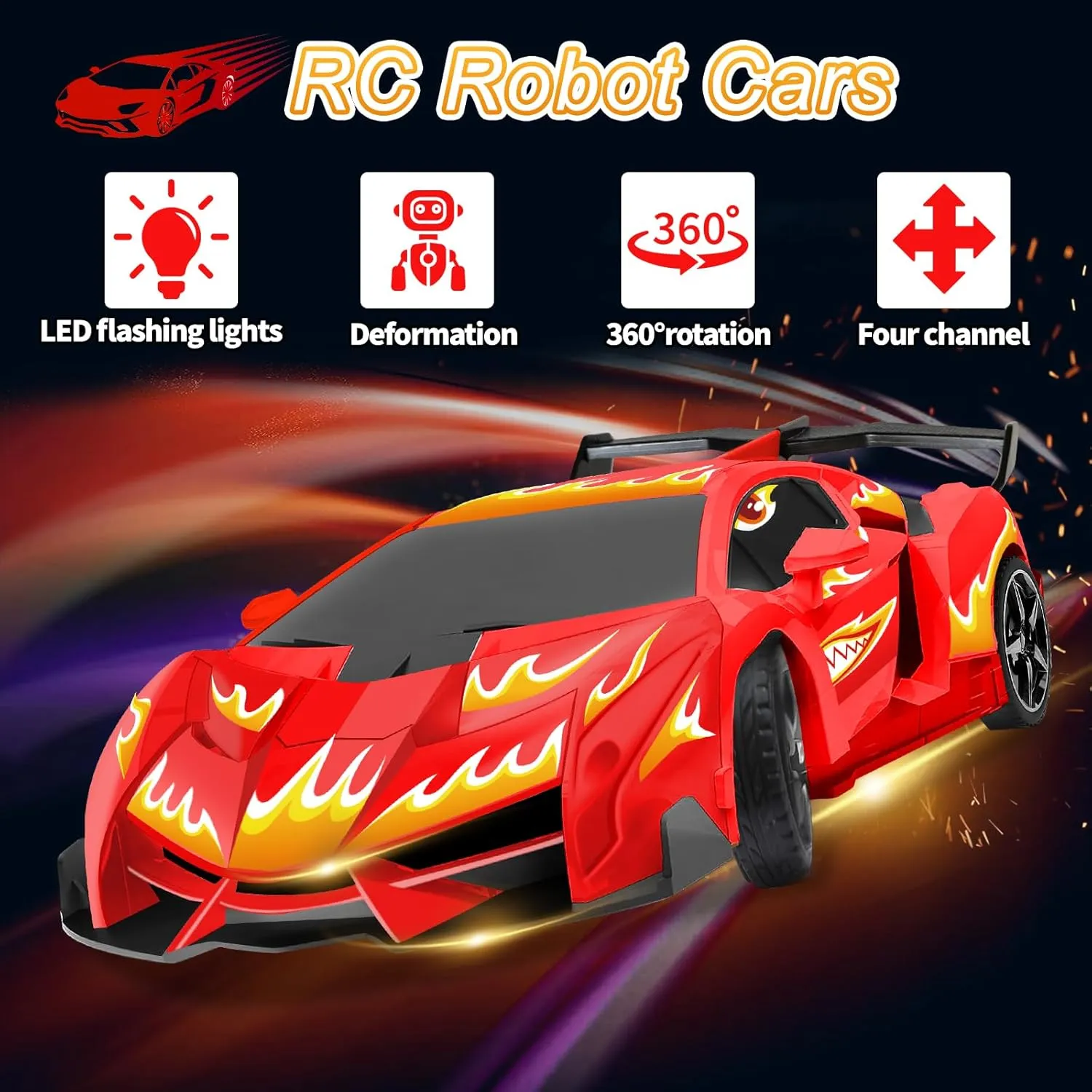 Transformable Remote Control Cars Toys for Boys Girls 3 4-7 8-12 Birthday Gifts, Rc Car Transforming Robot Toys for Kids- 1:18 One-Button Deformation Robot Car Toy with 360° Rotating & LEDs Lights-Red