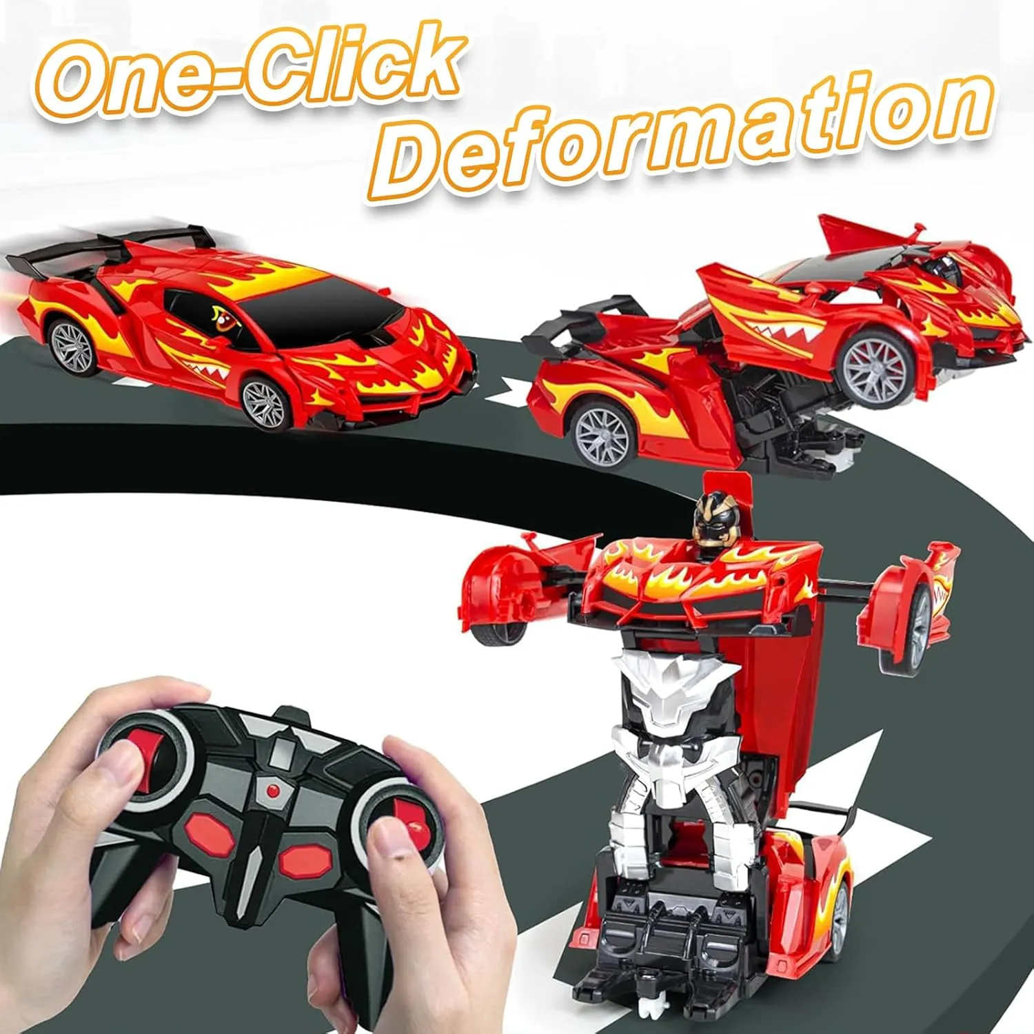 Transformable Remote Control Cars Toys for Boys Girls 3 4-7 8-12 Birthday Gifts, Rc Car Transforming Robot Toys for Kids- 1:18 One-Button Deformation Robot Car Toy with 360° Rotating & LEDs Lights-Red