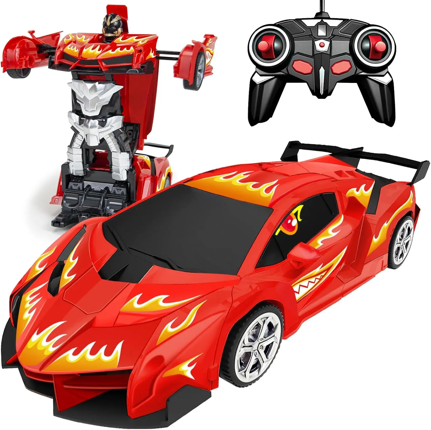 Transformable Remote Control Cars Toys for Boys Girls 3 4-7 8-12 Birthday Gifts, Rc Car Transforming Robot Toys for Kids- 1:18 One-Button Deformation Robot Car Toy with 360° Rotating & LEDs Lights-Red