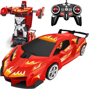 Transformable Remote Control Cars Toys for Boys Girls 3 4-7 8-12 Birthday Gifts, Rc Car Transforming Robot Toys for Kids- 1:18 One-Button Deformation Robot Car Toy with 360° Rotating & LEDs Lights-Red