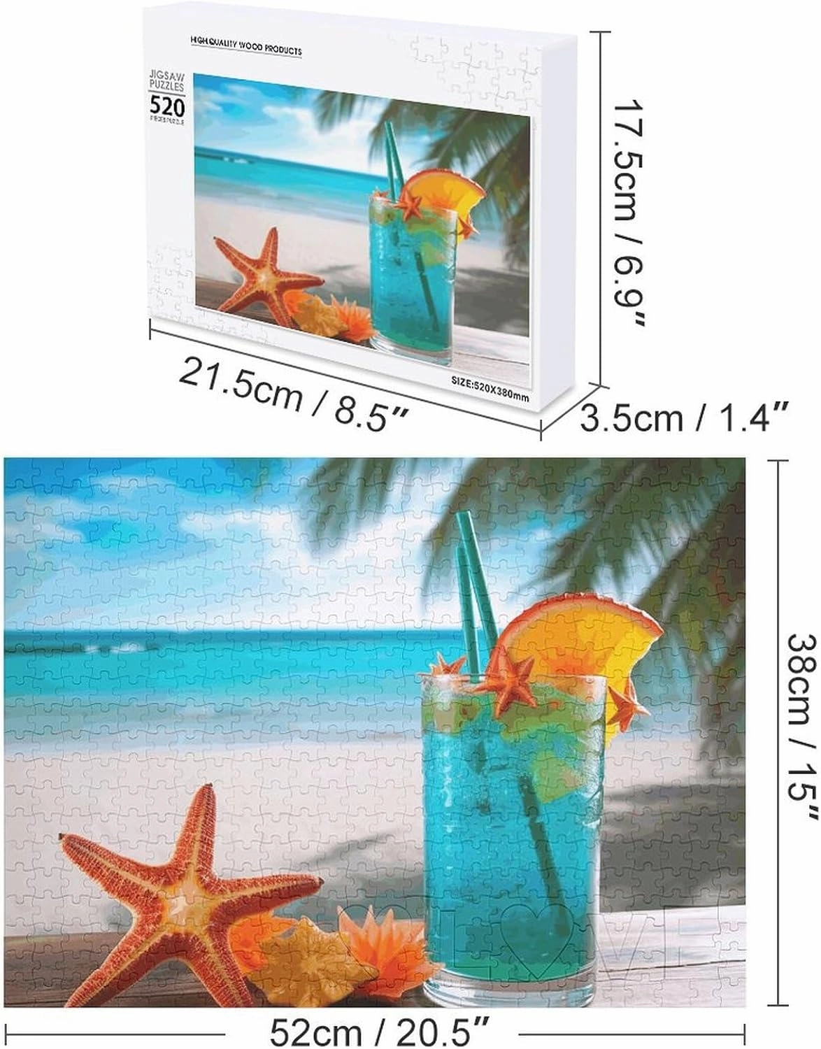 Tropical Cocktail with Starfish Puzzles 520 Pieces Personalized Jigsaw Puzzles Tropical Cocktail with Starfish Photo Puzzle Challenging Picture Puzzle for Adults Personaliz Jigsaw with Storage Bag (20