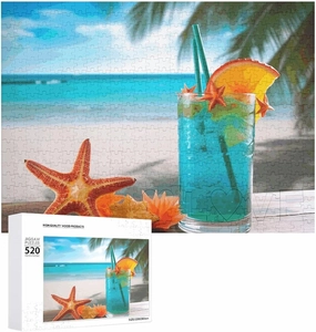 Tropical Cocktail with Starfish Puzzles 520 Pieces Personalized Jigsaw Puzzles Tropical Cocktail with Starfish Photo Puzzle Challenging Picture Puzzle for Adults Personaliz Jigsaw with Storage Bag (20