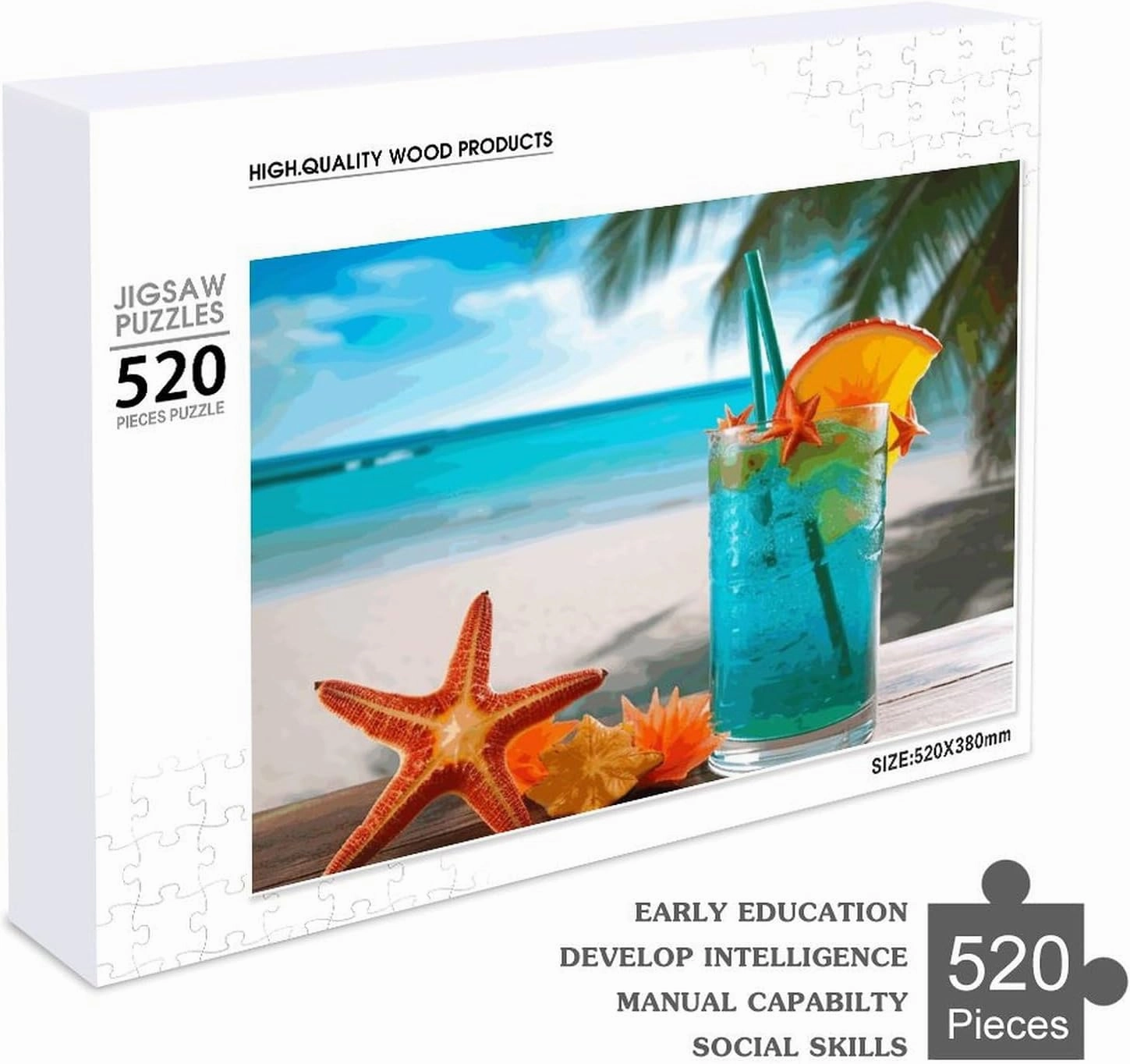 Tropical Cocktail with Starfish Puzzles 520 Pieces Personalized Jigsaw Puzzles Tropical Cocktail with Starfish Photo Puzzle Challenging Picture Puzzle for Adults Personaliz Jigsaw with Storage Bag (20