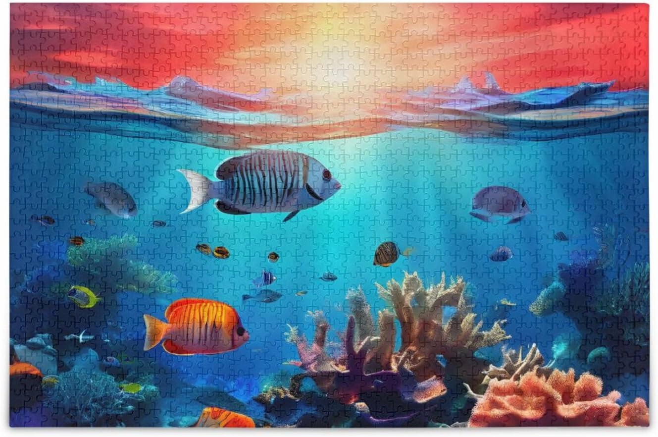 Tropical Fish Sunset Jigsaw Puzzle 1000 Piece, Educational Intellectual Decompression Puzzle Game Jigsaw Puzzle for Adult Active Thinking Party Entertainment, Family Games