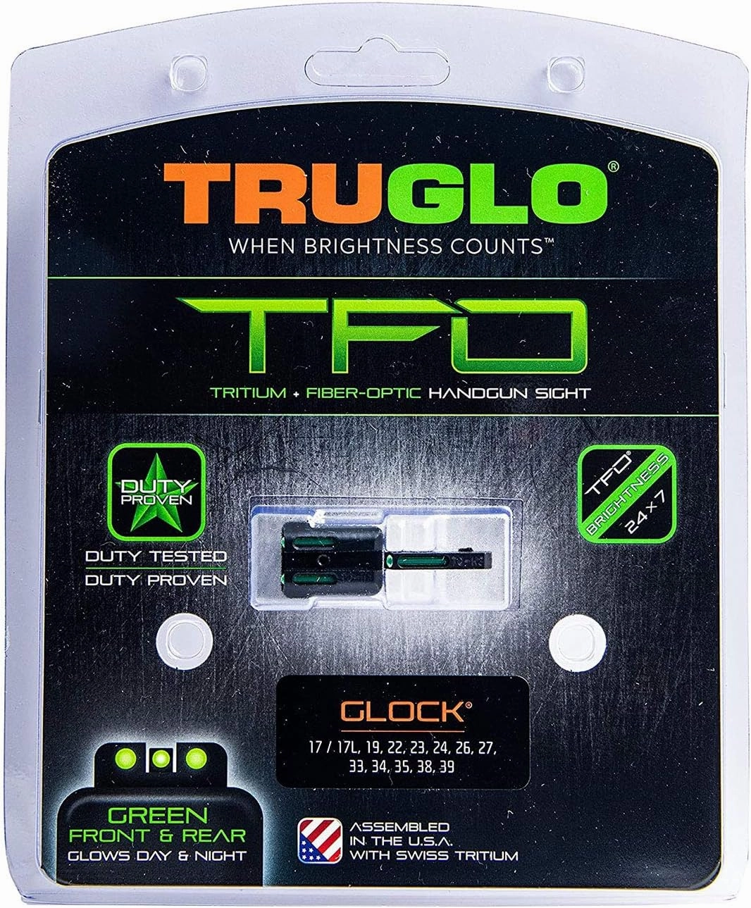 TRUGLO TFO Tritium & Fiber-Optic Handgun Sight | Snag-Resistant Front & Rear Bright Night Sights, Compatible with Glock Handguns