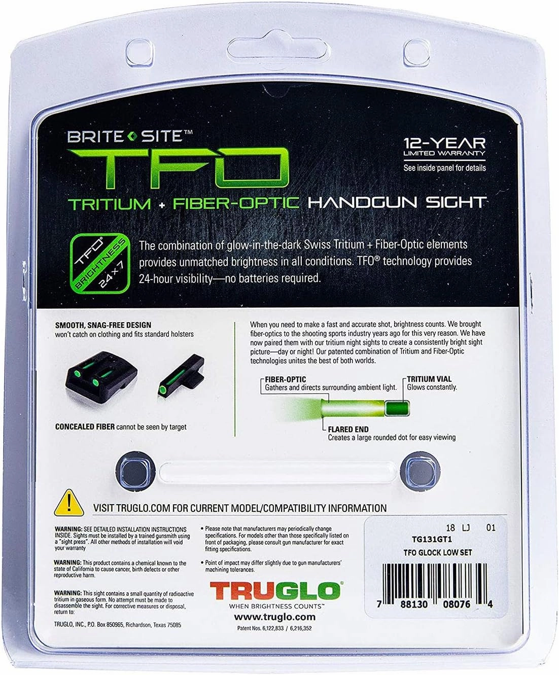 TRUGLO TFO Tritium & Fiber-Optic Handgun Sight | Snag-Resistant Front & Rear Bright Night Sights, Compatible with Glock Handguns
