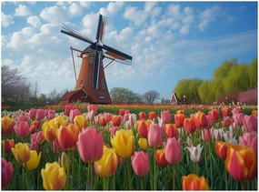 Tulips 500 Piece Jigsaw Puzzle,Dutch Landscape Windmill Wooden Puzzle for Adults,with Letters on Back,Great Gift,500 PCS