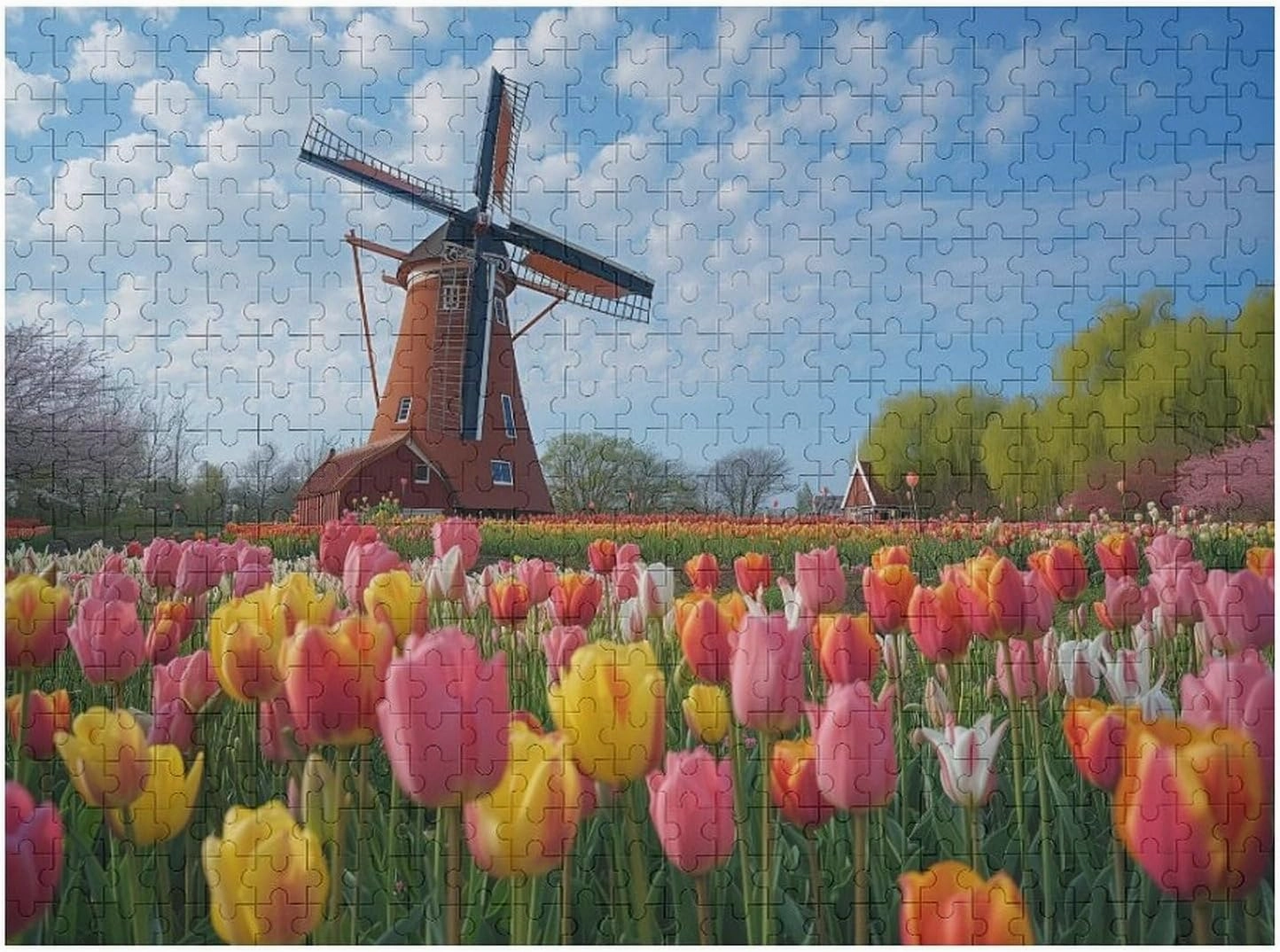 Tulips 500 Piece Jigsaw Puzzle,Dutch Landscape Windmill Wooden Puzzle for Adults,with Letters on Back,Great Gift,500 PCS