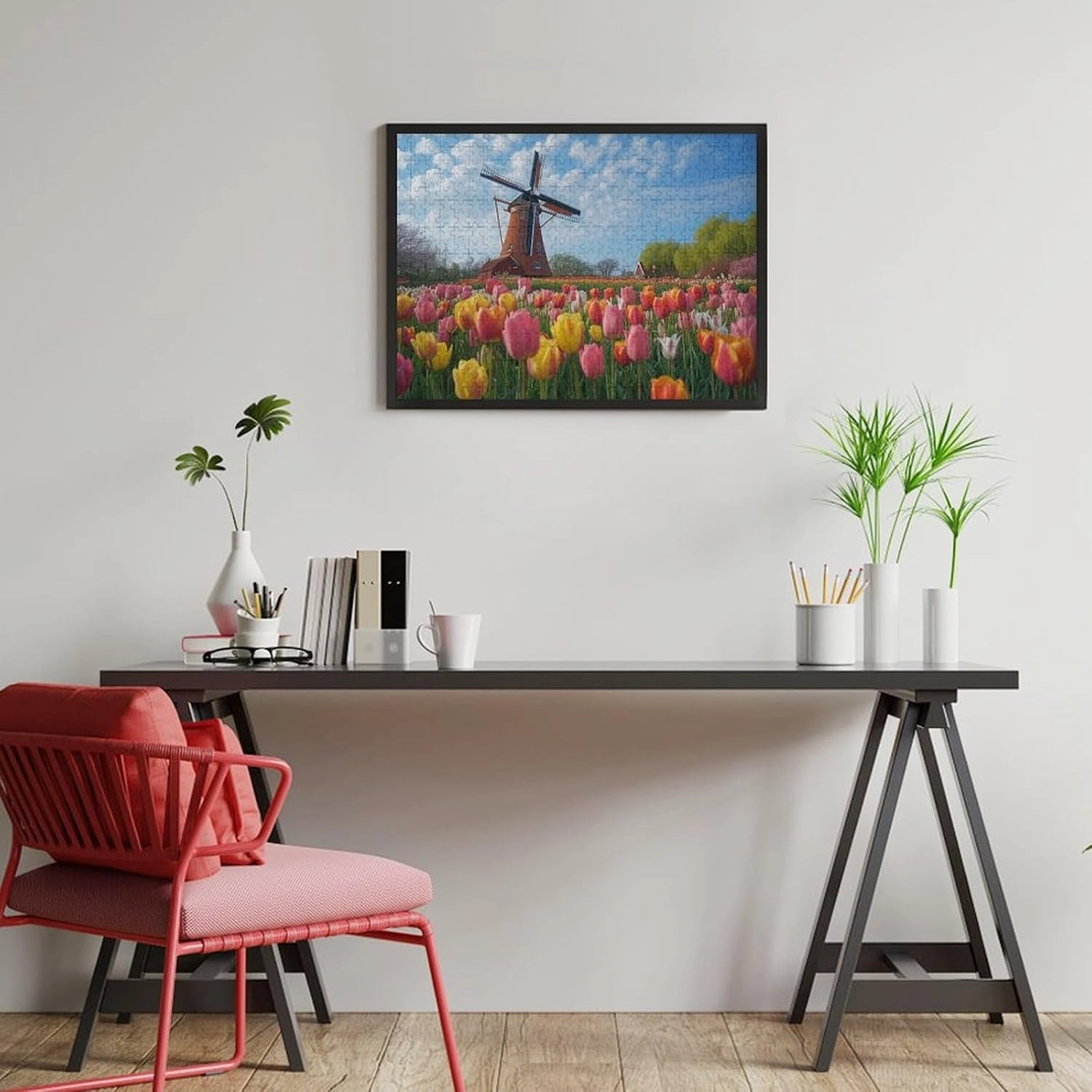 Tulips 500 Piece Jigsaw Puzzle,Dutch Landscape Windmill Wooden Puzzle for Adults,with Letters on Back,Great Gift,500 PCS