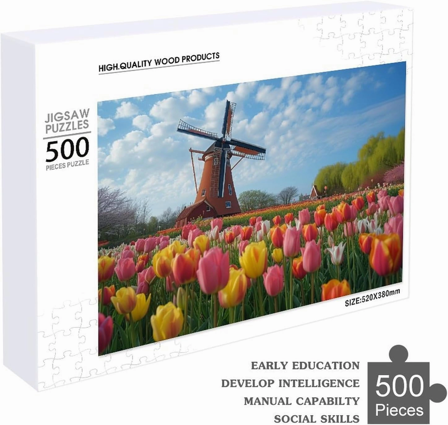 Tulips 500 Piece Jigsaw Puzzle,Dutch Landscape Windmill Wooden Puzzle for Adults,with Letters on Back,Great Gift,500 PCS