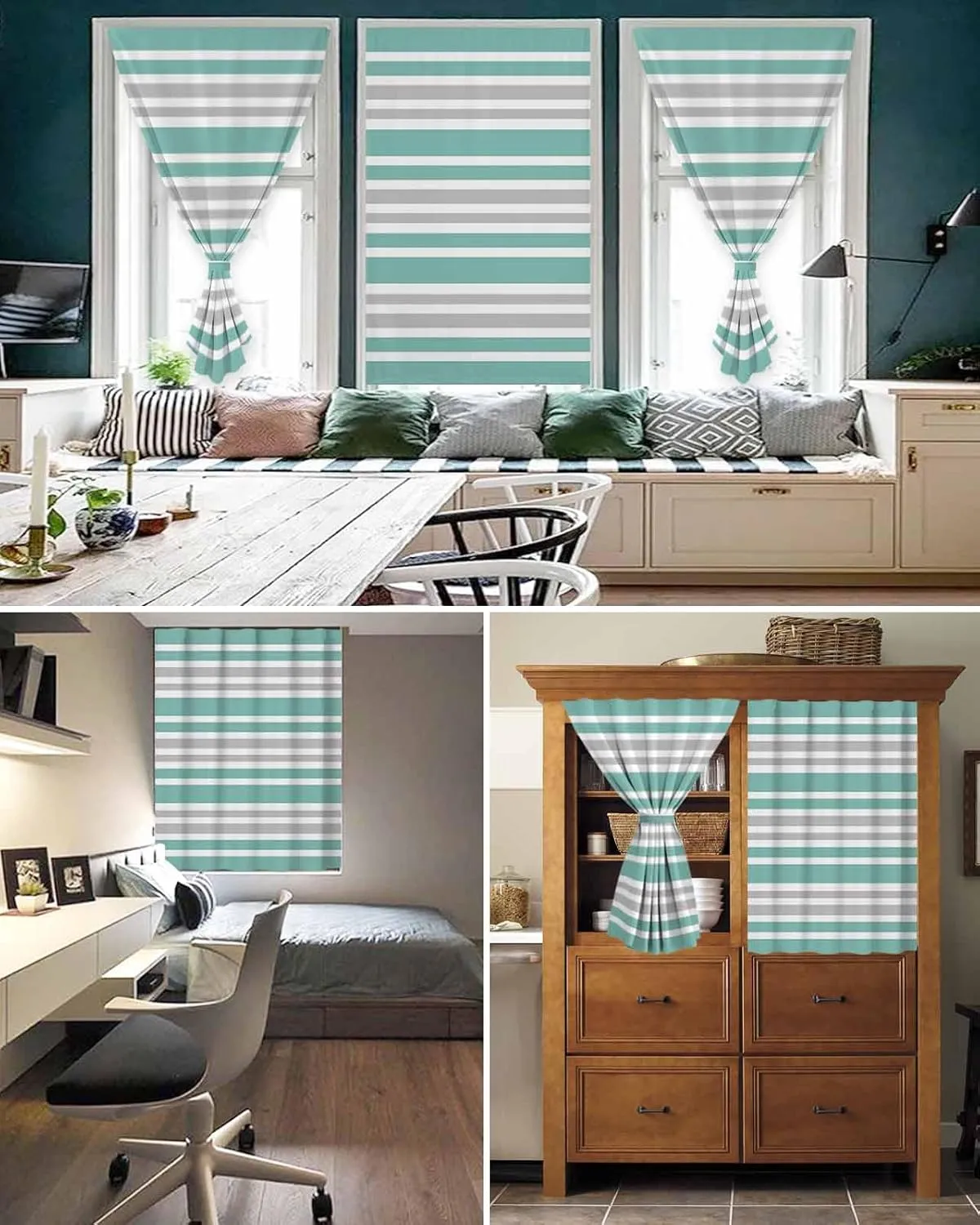 Turquoise Stripes Self Adhesive Blackout Curtains with Tiebacks,Portable Rod Pocket Living Room Darkening Curtains,Modern Minimalist Horizontal Lines Thermal Insulated Windows Cover,59Wx63H