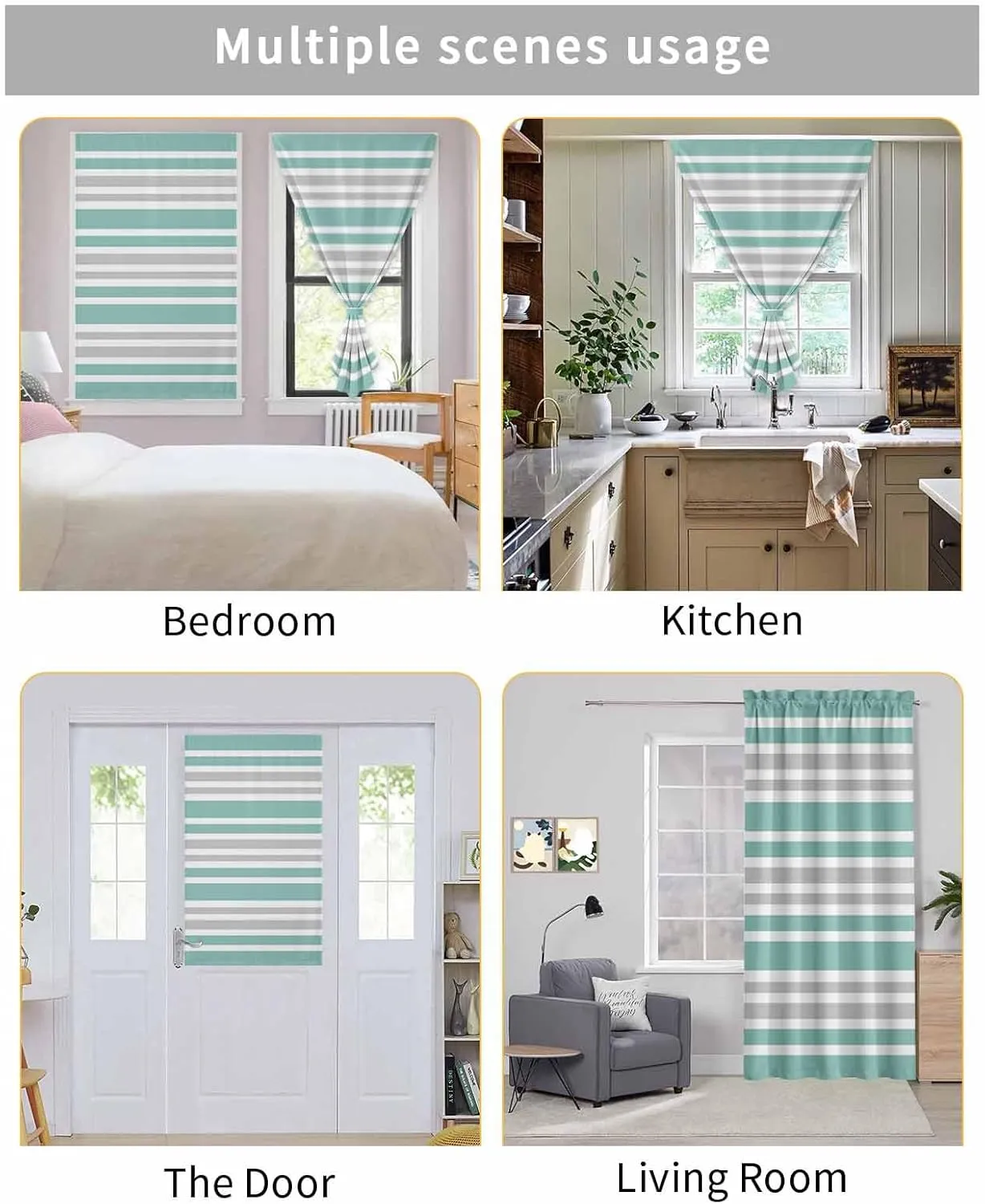 Turquoise Stripes Self Adhesive Blackout Curtains with Tiebacks,Portable Rod Pocket Living Room Darkening Curtains,Modern Minimalist Horizontal Lines Thermal Insulated Windows Cover,59Wx63H
