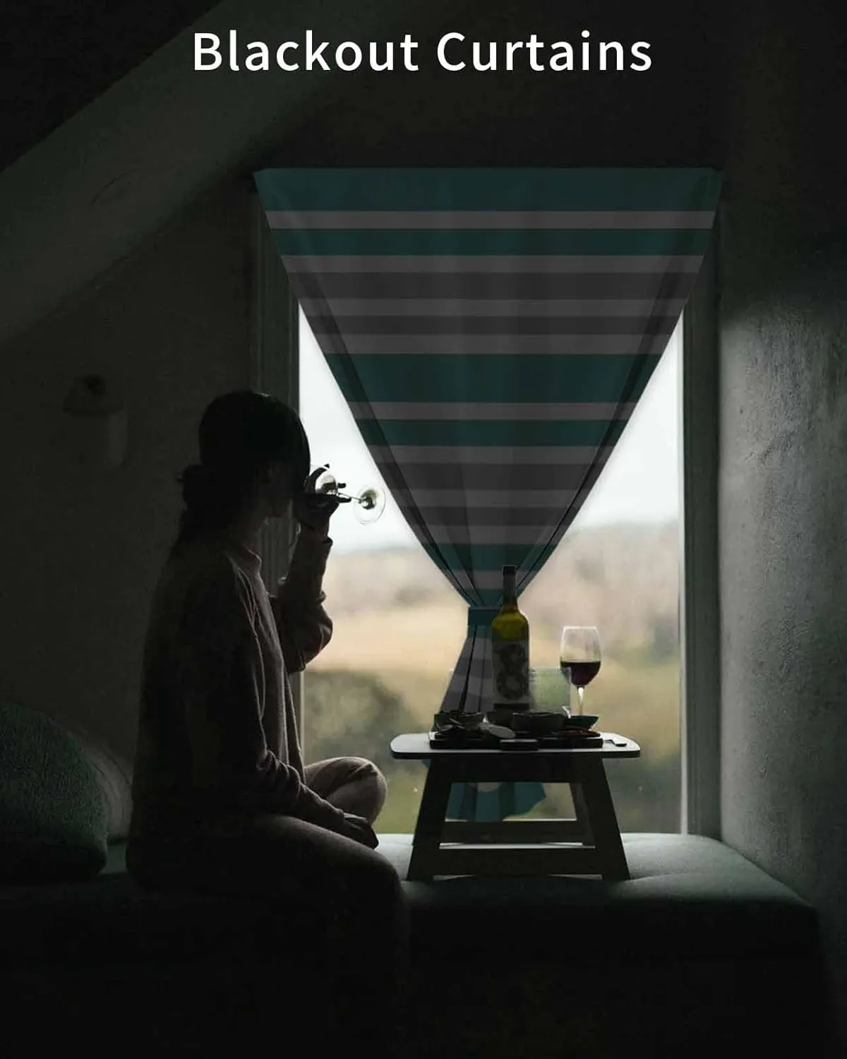 Turquoise Stripes Self Adhesive Blackout Curtains with Tiebacks,Portable Rod Pocket Living Room Darkening Curtains,Modern Minimalist Horizontal Lines Thermal Insulated Windows Cover,59Wx63H