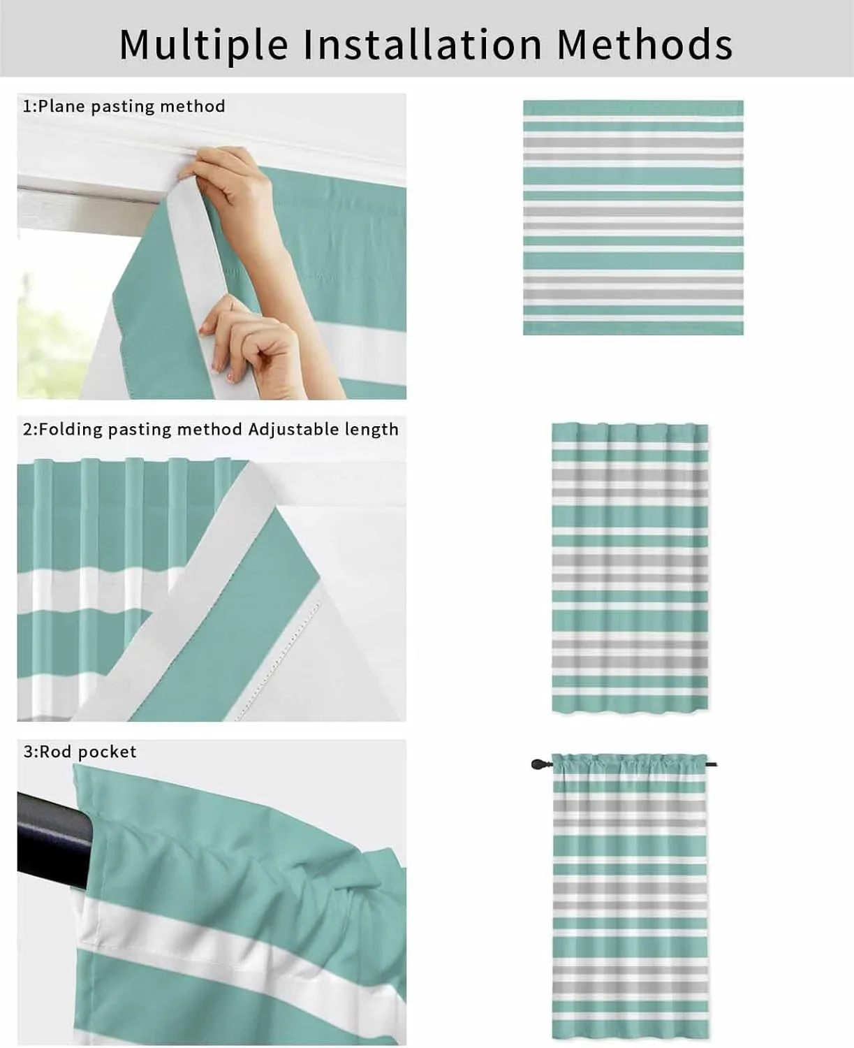 Turquoise Stripes Self Adhesive Blackout Curtains with Tiebacks,Portable Rod Pocket Living Room Darkening Curtains,Modern Minimalist Horizontal Lines Thermal Insulated Windows Cover,59Wx63H