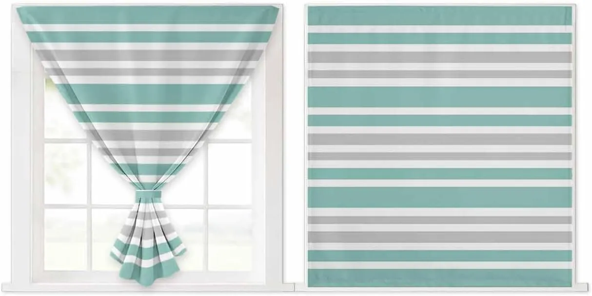 Turquoise Stripes Self Adhesive Blackout Curtains with Tiebacks,Portable Rod Pocket Living Room Darkening Curtains,Modern Minimalist Horizontal Lines Thermal Insulated Windows Cover,59Wx63H