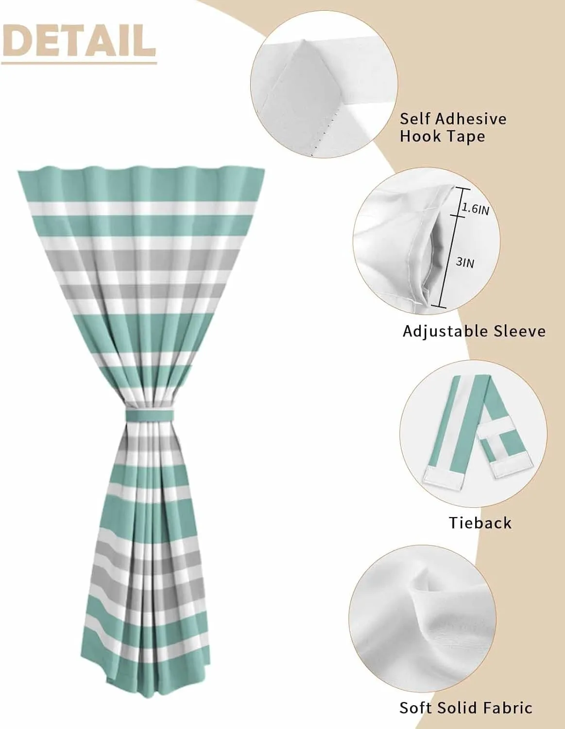 Turquoise Stripes Self Adhesive Blackout Curtains with Tiebacks,Portable Rod Pocket Living Room Darkening Curtains,Modern Minimalist Horizontal Lines Thermal Insulated Windows Cover,59Wx63H