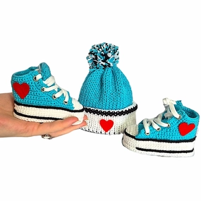 Turquoise Crochet Baby Booties & Beanie Set, Newborn Custom Sneakers, Handmade Infant Shoes, Soft Sole Knit Baby Boots, Newborn Baby Gift