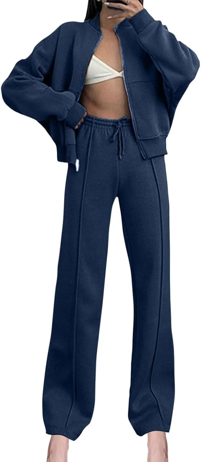 Two Piece Sets for Women Going Out Solid Zipper Sweatsuits Casual Straight Leg Pants Set 2 Piece Travel Outfits