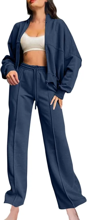 Two Piece Sets for Women Going Out Solid Zipper Sweatsuits Casual Straight Leg Pants Set 2 Piece Travel Outfits