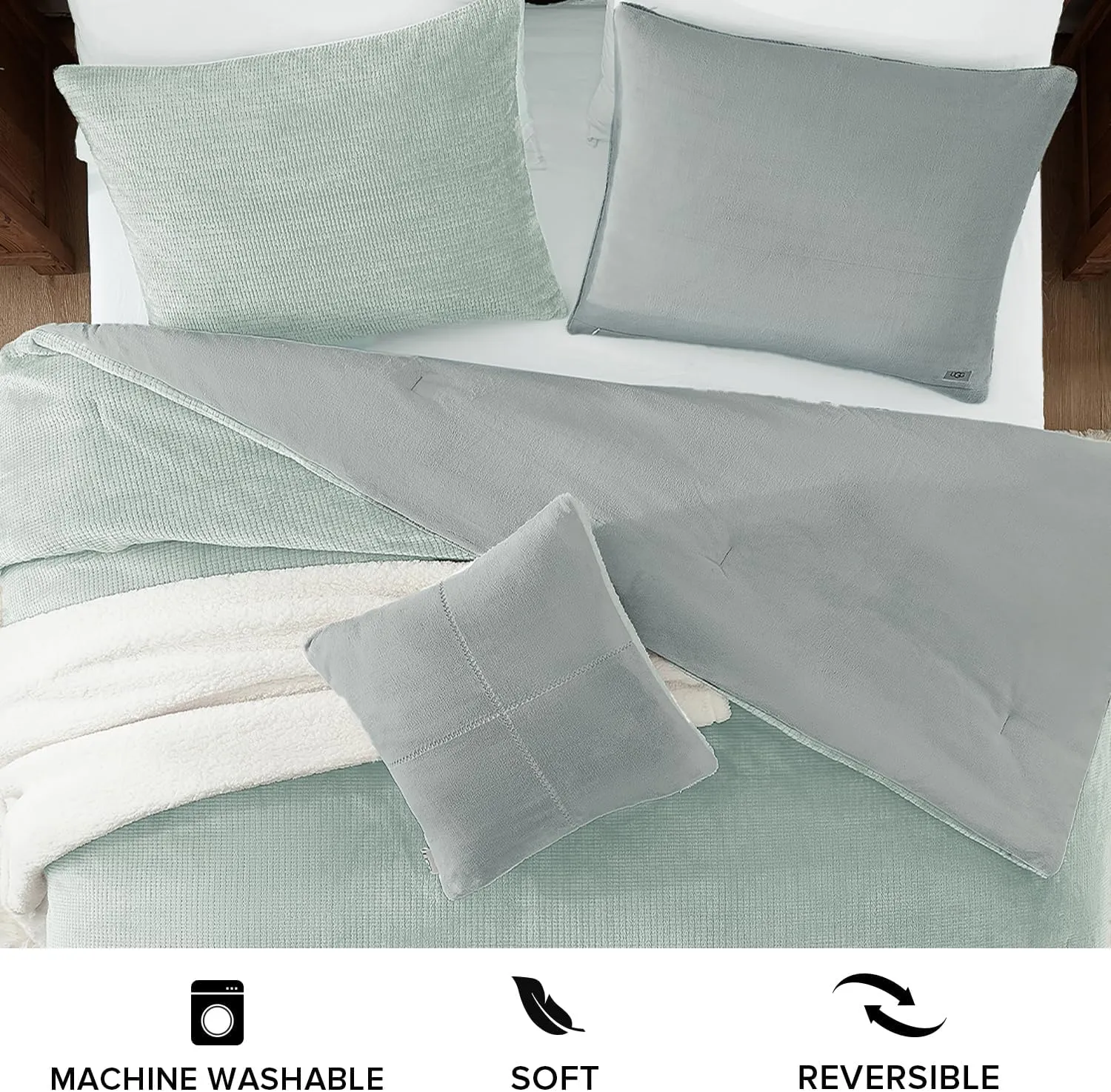 UGG Remina Comforter Set 5 Piece Bed in a Bag with Throw Blanket, Decorative Pillow, Shams, and Reversible Comforter Hypoallergenic Washable Luxury Fluffy Bedding, Full/Queen, Blue Green Clear Creek