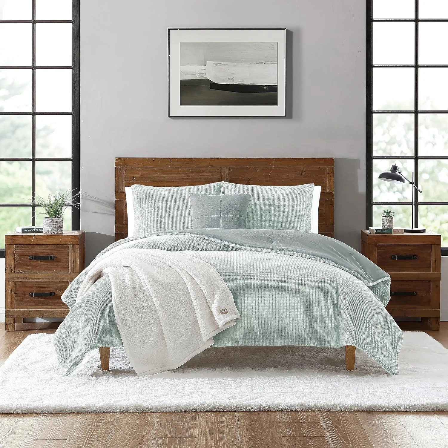 UGG Remina Comforter Set 5 Piece Bed in a Bag with Throw Blanket, Decorative Pillow, Shams, and Reversible Comforter Hypoallergenic Washable Luxury Fluffy Bedding, Full/Queen, Blue Green Clear Creek