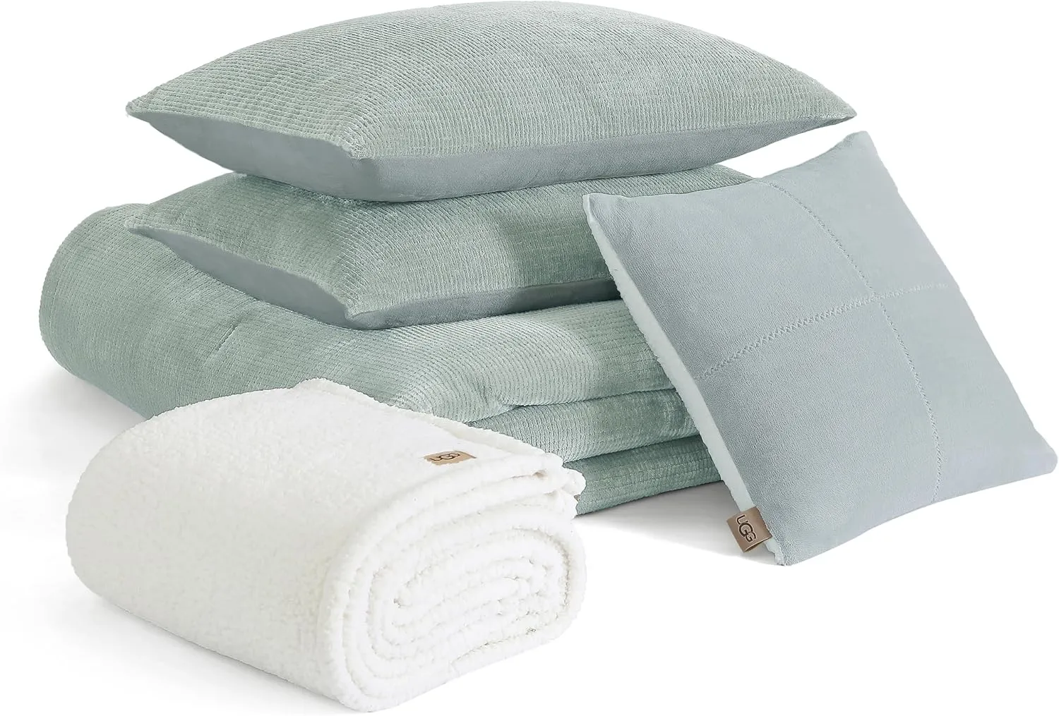 UGG Remina Comforter Set 5 Piece Bed in a Bag with Throw Blanket, Decorative Pillow, Shams, and Reversible Comforter Hypoallergenic Washable Luxury Fluffy Bedding, Full/Queen, Blue Green Clear Creek