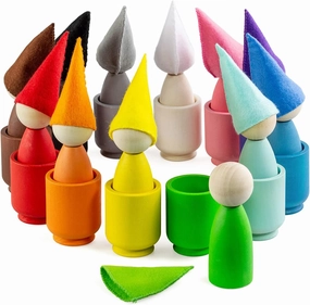 Ulanik Large Peg Dolls in Cups with Hats Toddler Montessori Toys for 3 Year Old   Wooden Waldorf Dolls for Learning Color Sorting and Counting — 12 Gnomes