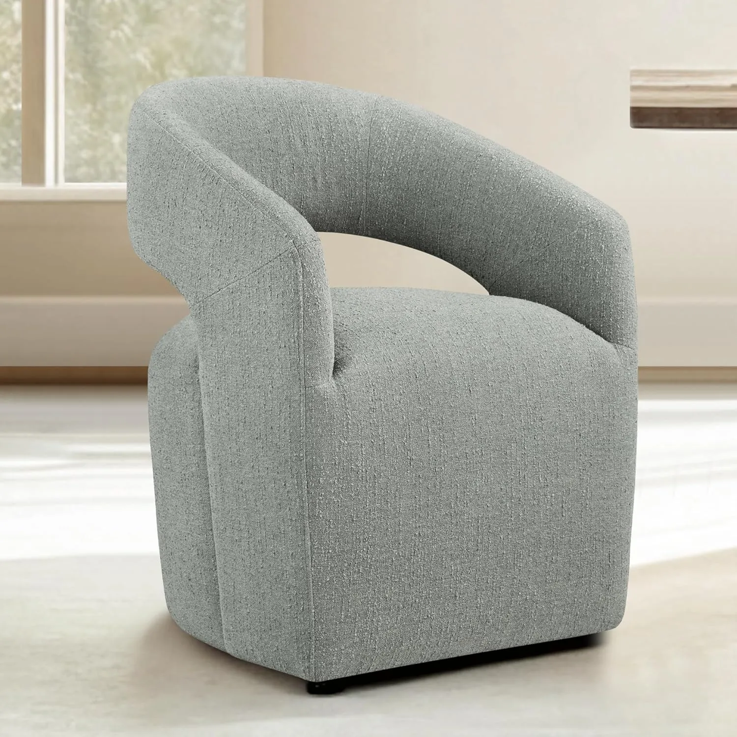 Upholstered Dining Chairs with Casters No Assembly Modern Barrel Armchair with Rollers for Diningroom Bedroom Livingroom Reading Room,Set of 2,Fog