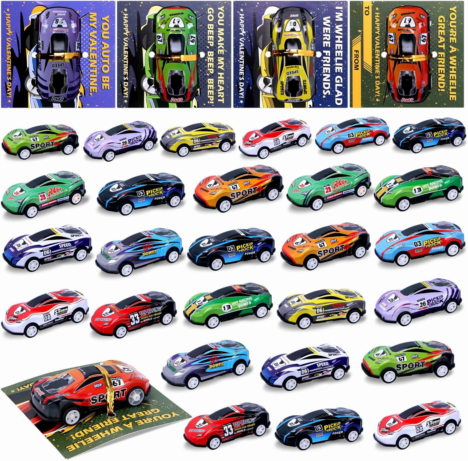 Valentines Day Cards for Kids School 24 Pcs Pull Back Cars with Cards, Valentine's Day Greeting Cards with Racing Cars Toys, Party Favor for Boys Girls, Ideal Gifts Exchange Cards for Classroom