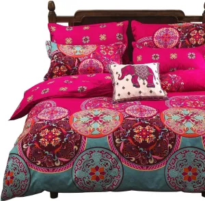 Vaulia Boho Bedding Set Exotic Patterns Design, Lightweight Microfiber Queen (Double) Duvet Cover Set, Bright Pink 3-Piece Set