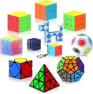 Vdealen 11 Pack Speed Cube Set Puzzle Cube Bundle Fidget Ball 2x2 3x3 4x4 Pyramid Dodecahedron Skewb Snake Infinity Magic Cube, Smooth Cube Pack Toys Gift for Kids & Adults