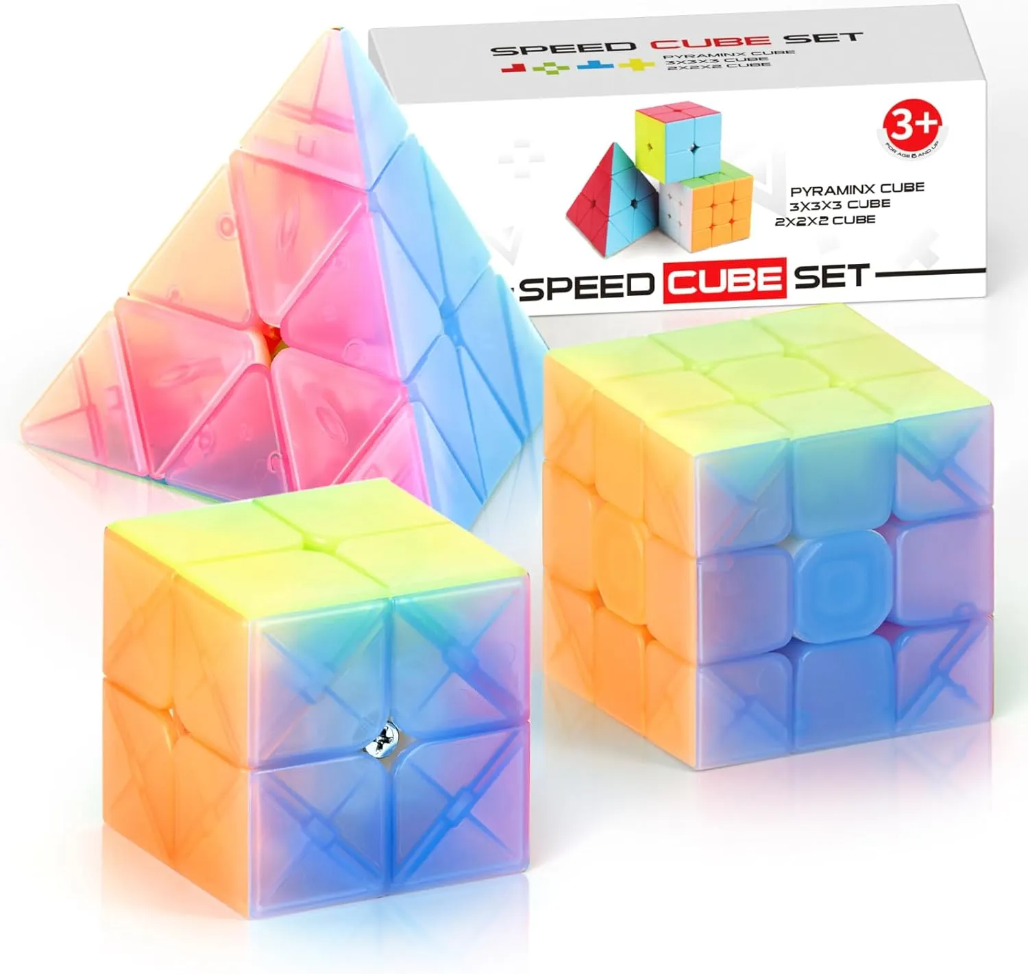 Vdealen Speed Cube Set, 2x2x2 3x3x3 Pyramid Magic Cube Set, Puzzle Cube Toys Birthday Party Christmas Stocking Stuffers Gift for Kids Teens Adults(Jelly Stickerless)