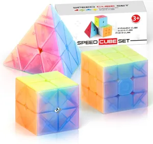 Vdealen Speed Cube Set, 2x2x2 3x3x3 Pyramid Magic Cube Set, Puzzle Cube Toys Birthday Party Christmas Stocking Stuffers Gift for Kids Teens Adults(Jelly Stickerless)