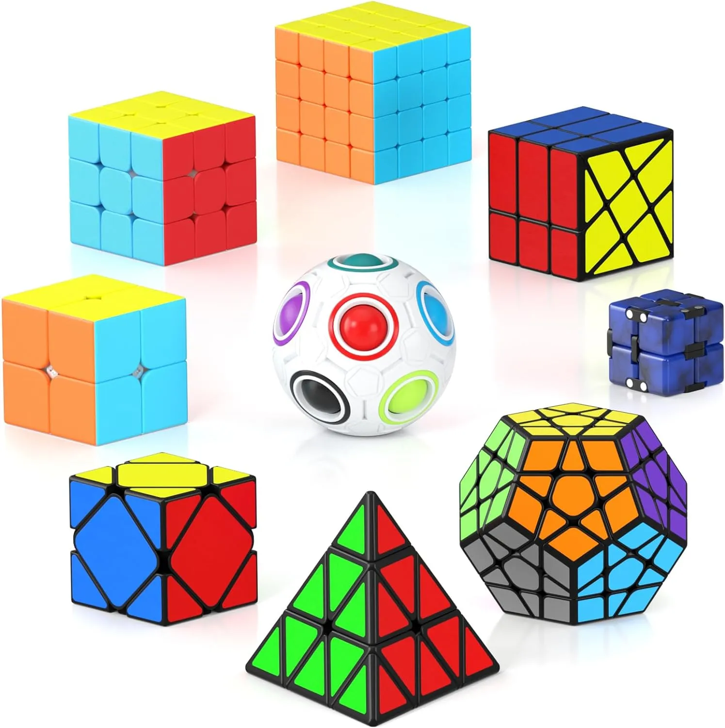 Vdealen Speed Cube Set, 9 Pack Puzzle Cube Bundle Fidget Ball 2x2 3x3 Sticker Stickerless 4x4 Pyramid Dodecahedron Skewb Infinity Magic Cube, Smooth Cube Game Toys Gift for Kids & Adults