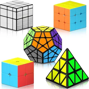 Vdealen Speed Cube Set, Cube Bundle 2x2 3x3 Pyramid Dodecahedron Mirror Magic Cube Pack, Puzzle Cube Collection Toys Easter Valentines Gift for Kids Teens Adults [5 Pack]