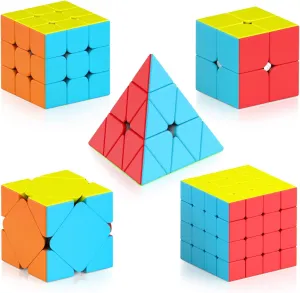 Vdealen Speed Cube Set, Magic Cube Pack of 2x2 3x3 4x4 Pyramid Skewb Stickerless Puzzle Cube Bundle, Christmas Birthday Party Toy Gifts for Kids Teens Adults (5 Pack)
