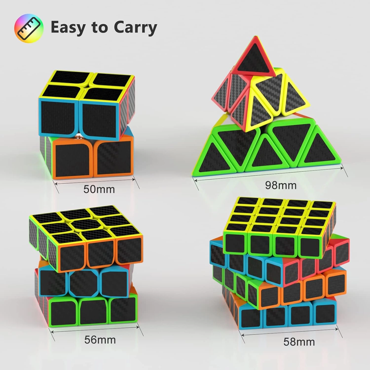 Vdealen Speed Cube Set, Puzzle Cube Bundle of 2x2x2 3x3x3 4x4x4 Pyramid Magic Cube Set, Birthday Party Christmas Stocking Stuffers Gift for Kids Teens Adults(Carbon Fiber Sticker)