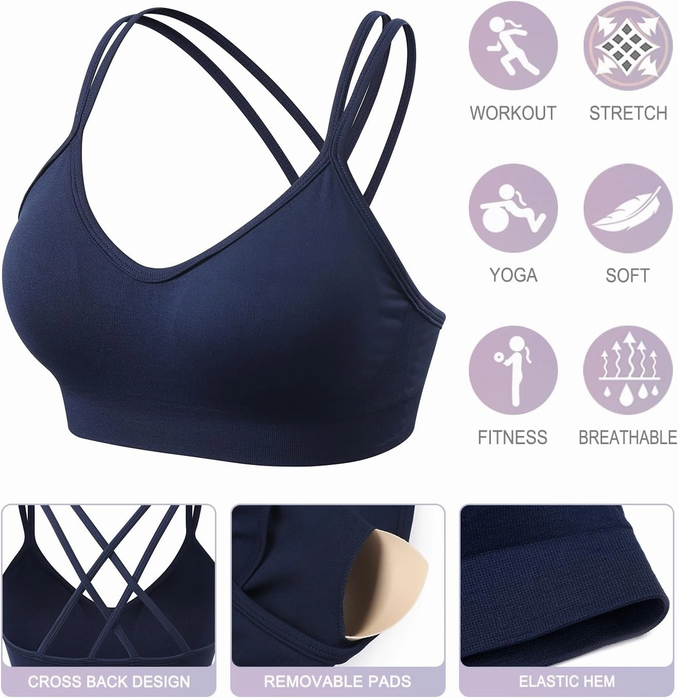 VEQKING Women's Cross Back Sports Bra Padded Strappy Medium Support Yoga Bra for Workout Fitness 3 Pack