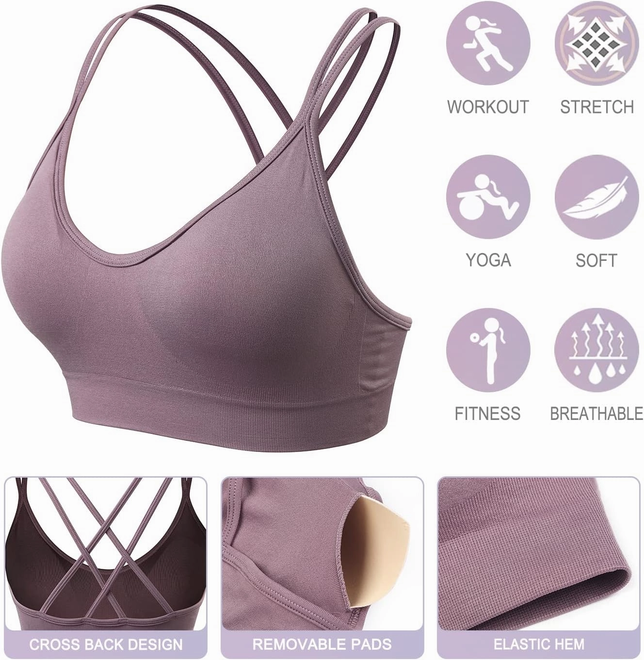 VEQKING Women's Cross Back Sports Bra Padded Strappy Medium Support Yoga Bra for Workout Fitness 3 Pack
