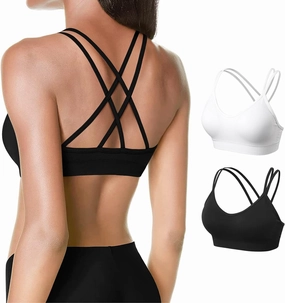 VEQKING Women's Cross Back Sports Bra Padded Strappy Medium Support Yoga Bra for Workout Fitness 3 Pack